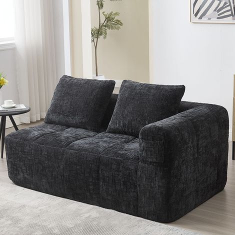 Canapé Droit 2 Places avec Méridienne avec Coussin et Poches Latérales, Confort Nuage sans Montage, en Chenille Noir
