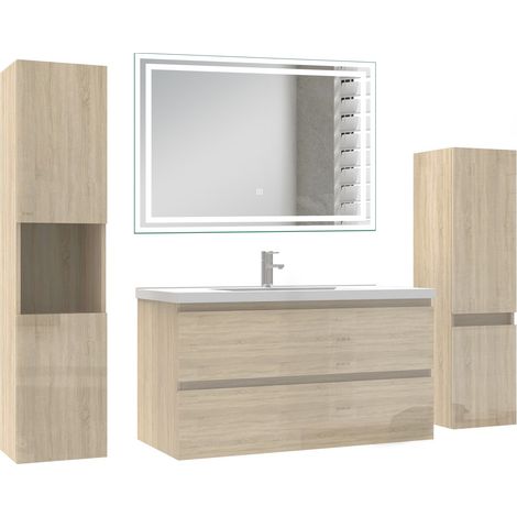 Ocean Ensemble de Meuble salle de bain 99cm avec 2 Tiroirs, miroir led + colonne 110cm + colonne 131.5cm, meuble Chêne Haut Brillant