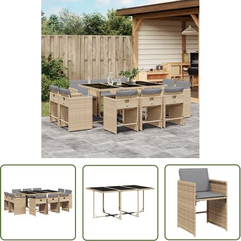 The Living Store 11-tlg. Garten-Essgruppe mit Kissen Beigemischung Poly Rattan - Gartentisch - Gartenmöbel - Essgruppe - Gartenset - Outdoor Möbel (1/5)