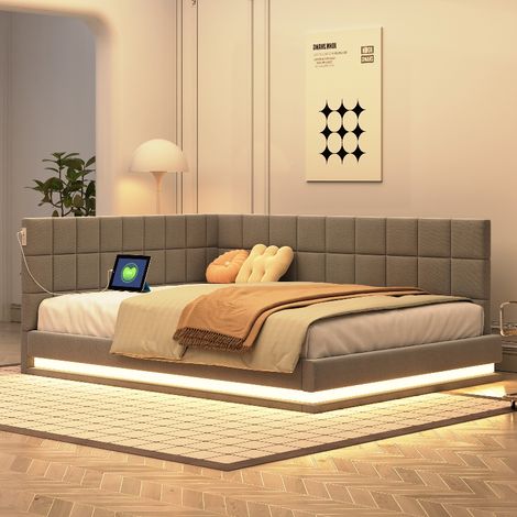 Polsterbett 140x200 Grau Schlafsofa Multifunktionsbett mit LED-Beleuchtung, USB-Anschluss und Lattenrost, Tagesbett Gästebett Leinenoptik (1/5)