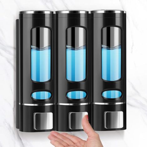 Set mit 3 Wandseifenspendern – 400 ml – Schwarz – Seifenspender – Spülmittelspender – Waschbeckenspender – Duschgelspender – Shampoo- und Lotionspender für Küche und Bad (1/5)