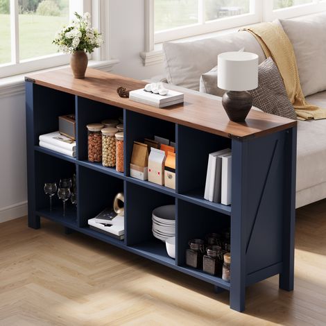 Mobile contenitore a 8 scomparti, libreria orizzontale aperta 140 x 34 x 75 cm, MDF blu HAVRYA (1/5)