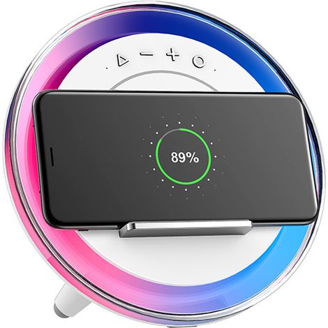 1 Enceinte Bluetooth, Veilleuse LED 7 couleurs, Chargeur sans fil 5W Qi, Support téléphone, Haut-parleur portable pour chambre, bureau, cadeau (1/5)