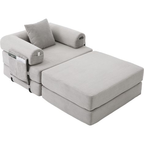 Sillón modular de pana con reposapiés, color gris claro, con cojín y bolsillo lateral (1/5)