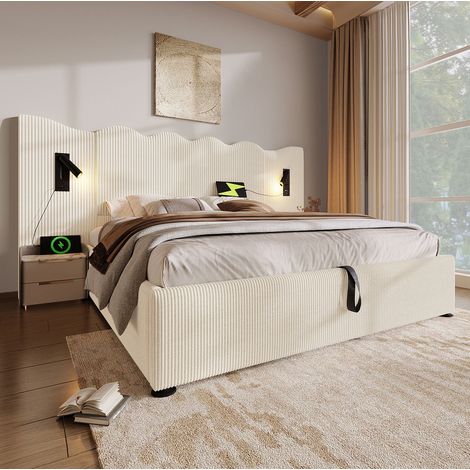 Lit double capitonné moderne 180x200 cm en velours côtelé beige-blanc avec tête de lit ondulée, liseuse, USB-C et coffre (1/5)