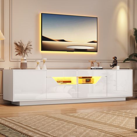 Meuble TV 180x40x45 cm en panneaux de bois blanc, avec rangement, pour salon FloraGrace (1/5)