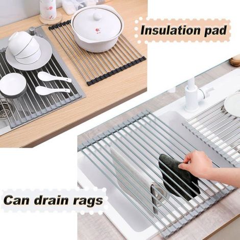 Égouttoir vaisselle inox pliable 47x35cm. Gris. Gain de place sur évier. Séchage efficace. (1/4)