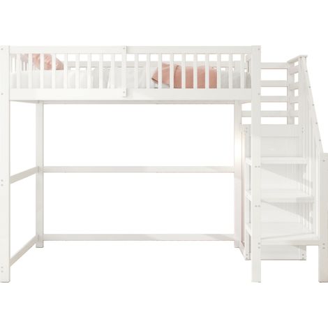 Lit mezzanine 90x200 avec escalier, rangement intégré et armoire sous l’échelle, en bois blanc pour enfant, gain de place pour petite chambre  CHICFURN (1/5)