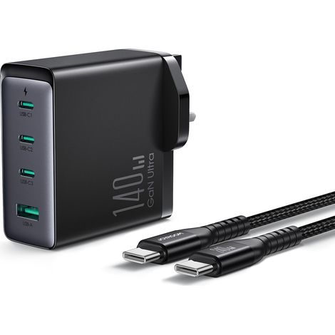 Cargador de pared GaN de 140 W con enchufe británico, 3 puertos USB-C y cable USB-A de 1,2 m. (1/5)
