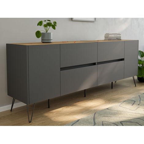 Sideboard Yako 200cm 2 Türen 4 Schubladen Grafit mit Eiche Top (1/5)