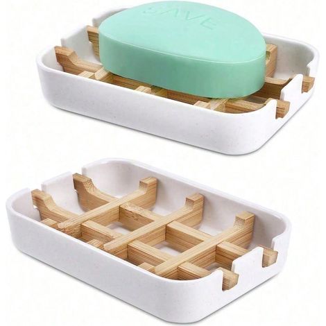 Lot de 2 Porte-Savon en Bambou - Plateau à Savon Naturel en Bois avec Système d'Écoulement, Protège le Savon et Séchage Rapide, Durable et Hygiénique (1/4)