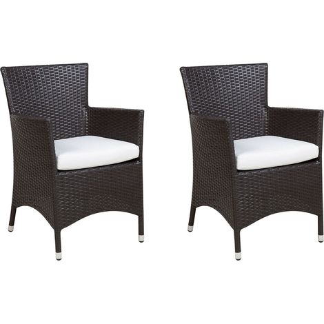 Lot de 2 Fauteuils de Jardin en Polyrotin Marron Foncé Coussins Blanc Cassé Italy