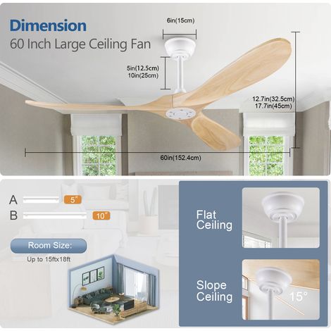 Ventilateur de plafond de 152 cm (60 pouces) sans éclairage, finition bois naturel, très grand modèle étanche avec descente de gouttière, design moderne d'inspiration milieu du siècle pour terrasse, s (1/5)