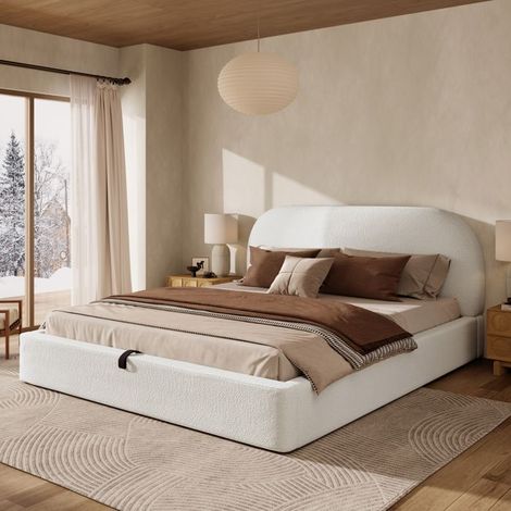 Lit - Rembourré hydraulique 180x200 cm - Bouclé beige - Sommier à lattes - Rangement (1/5)