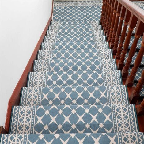 Tapis d'escalier autocollant moderne, lavable, fixation résistante, anthracite, 30 x 100 cm (1 pièce), rectangle bleu (1/4)