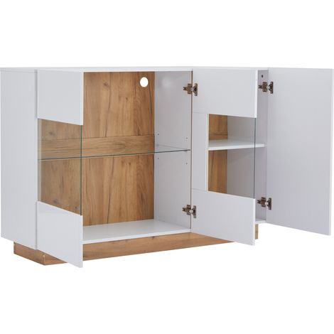 Buffet blanc brillant avec verre et LED, 3 portes, 138 x 38,5 x 90,5 cm, MODENUIT (1/5)
