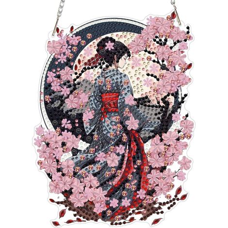 Pendentif peinture diamantée Fleurs de cerisier femme, double face, à suspendre, 20x20cm (1/4)