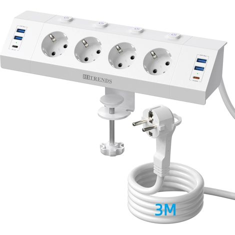 Multiprise multifonctionnelle (3 mètres, blanche) avec prise européenne standard, pince de bureau et interrupteur indépendant. (1/5)