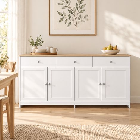 Sideboard Kommode 160x37x75 cm, Küchenanrichte und Aufbewahrungsschrank für Wohnzimmer und Esszimmer, 3 Schubladen 4 Türen, Skandinavischer moderner Stil, Weiß (1/5)