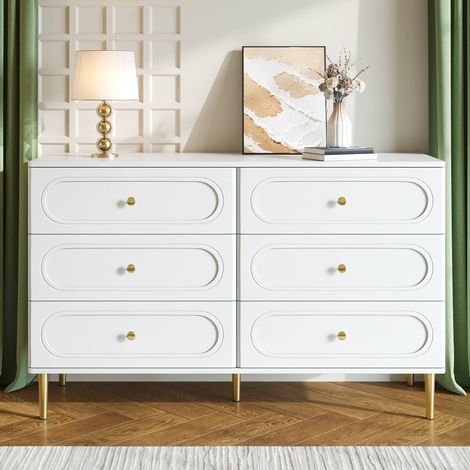 Commode 6 tiroirs, 120 x 40 x 75 cm, façades motifs ovales et pieds en métal, en MDF, pour chambre et salon, Blanc (1/5)