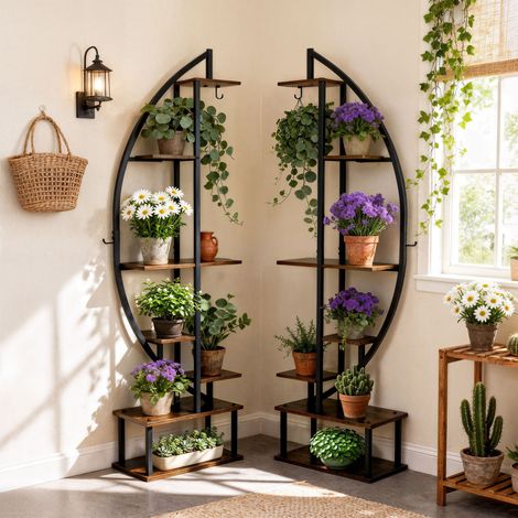 2 Pack Plant Stand Tall Flower Pot Holder 7 Tiered Corner Half Moon Display Rack, without Lights (1/5)