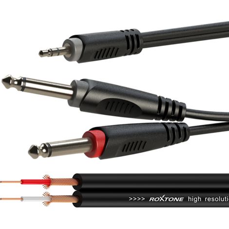 Cavo audio Roxtone SAYC130L3 con jack stereo da 3,5 mm e 2 jack mono da 6,3 mm, lunghezza 3 m. (1/4)