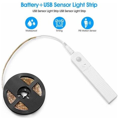 2M Ruban Led avec Détecteur de Mouvement, 120LED Dimmable Bande Led à Piles, Lumiere Led, Bandeau LED Autocollant, Bande Lumineuse pour Cuisine Placard Murale Armoire Escaliers (Blanc froid) (1/5)
