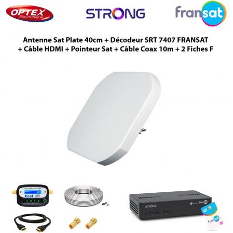 Kit Antenne Satellite Plate 40cm + Décodeur SRT 7407 HD FRANSAT + Câble HDMI + Pointeur Satellite + Câble Coaxial 10m + 2 Fiches F