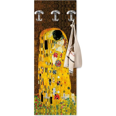 Lupia - Appendiabiti da Parete moderno con pannello in legno Stampato, IL BACIO DI KLIMT 46x125 cm, Design Artistico, 5 Ganci Robusti in metallo, Stampa HD, ingresso soggiorno camera da letto
