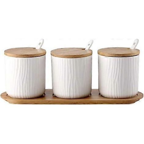 Pot à condiments en céramique avec couvercles, cuillères et plateau de service en bois pour la cuisine 9,5 (1/5)