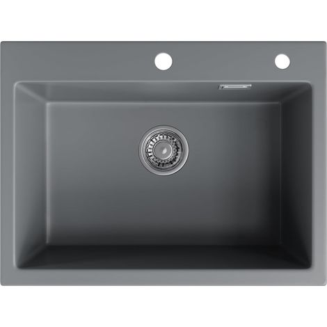 HOROW – Évier de cuisine encastrable granit encastré 1 bac 60x45x21 cm – Gris – Avec trop plein– Installation facile (1/5)