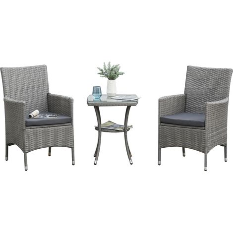 Ensemble de mobilier de jardin en polyrotin, salon de jardin pour 2 personnes, salon de balcon 3 pièces, 2 chaises, table, coussins d'assise, gris. (1/5)