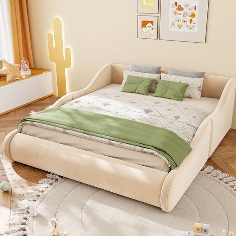 Lit adulte 140x200 cm avec barrières latérales et tête de lit haute, structure stable, velours beige (1/5)