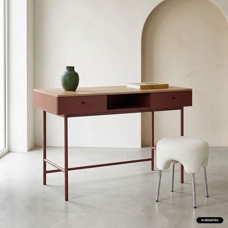 sweeek - Bureau décor bois et fer 2 tiroirs 1 casier bordeaux - William