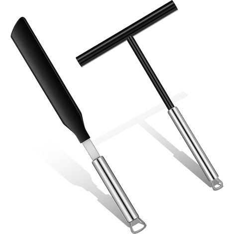 Set composto da due pezzi: dispenser per pancake e spatola, dispenser a T nero da 20 cm, spatola in nylon da 34 cm, per stendere l'impasto in modo uniforme. (1/5)