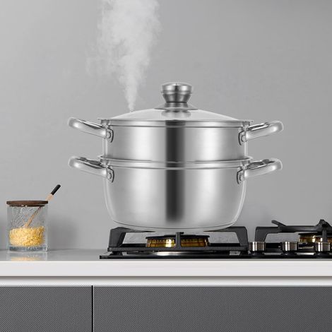Cuiseur Vapeur et Casserole en Acier Inoxydable Argenté, Rond, 2 Niveaux, 1.2L/0.26 Gallons, Adapté à Gaz, Induction, Électrique et Céramique (1/5)