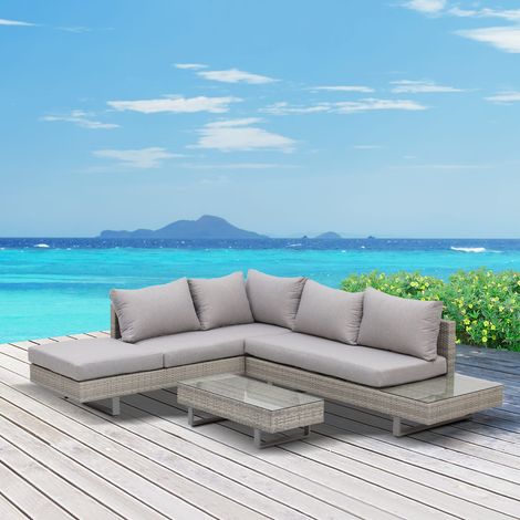 Design contemporain : ensemble de salon de jardin d’angle 5 places avec coussins amovibles et table basse en acier gris recouvert d’époxy. (1/5)