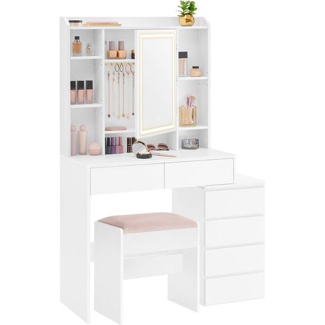 Coiffeuse moderne avec grand miroir LED réglable 40 x 97,5 x 145 cm ambiance cosy compartiments ouverts en aggloméré blanc (1/2)