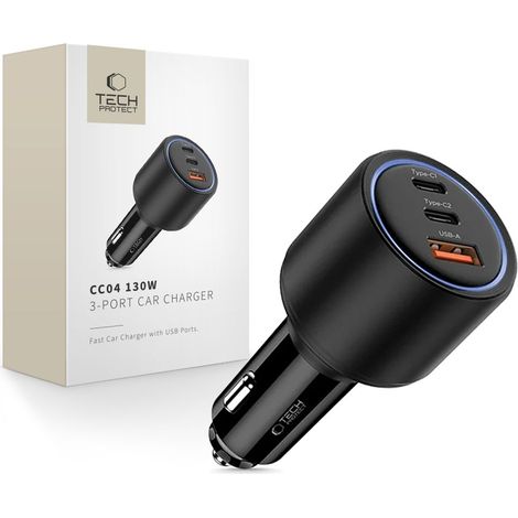 Caricabatterie da auto Tech-Protect CC04 a 3 porte PD130W nero