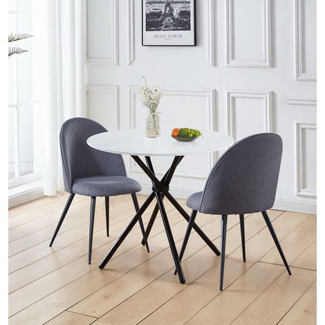 Hallowood Furniture Cullompton White Marble Effect Small Round Dining Table and Chairs Set 2, Space Saving Table and Chairs in Curved-back Grey Fabric, Dining Room Sets for Home or Cafe (1/5)