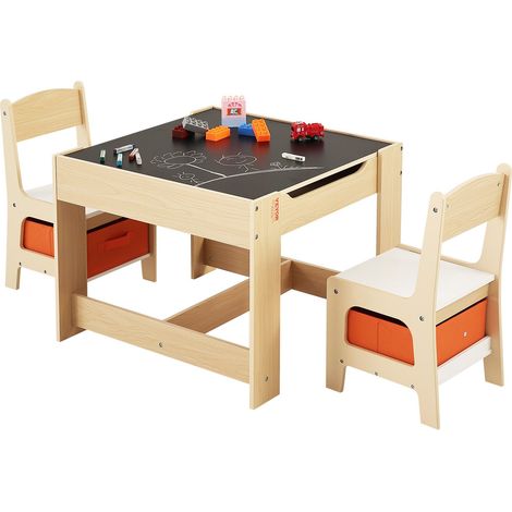 Ensemble table et 2 chaises pour enfants, avec espace de rangement sous la table et coffre de rangement en tissu sous les chaises, bureau en bois pour apprentissage et dessin, couleur bois clair (1/5)