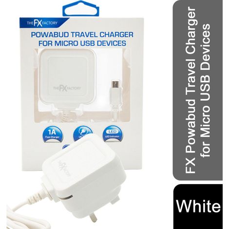 FX Mains Charger Powabud for USB 1A&MicroUSB Devices for Micro USB Devices-White