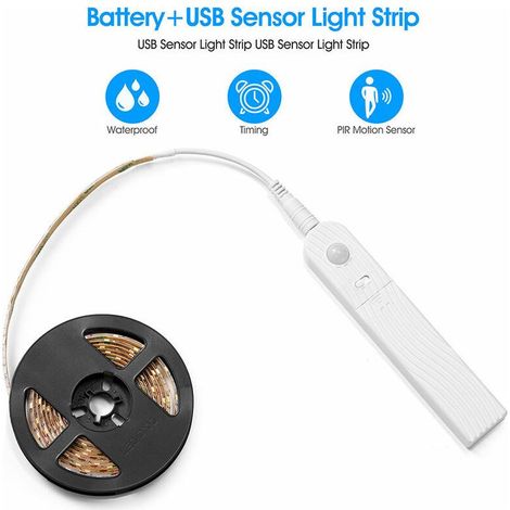 2 m LED-Streifen mit Bewegungssensor, 120 dimmbare, batteriebetriebene LEDs, LED-Licht, selbstklebender LED-Streifen, Lichtleiste für Küche, Schrank, Wand, Kleiderschrank, Treppe (Kaltweiß) (1/5)