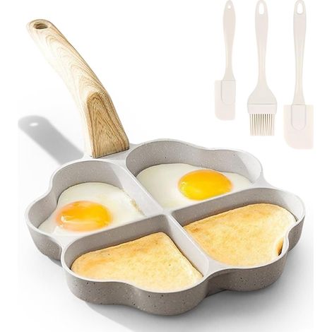 Herzförmige Eierpfanne mit 4 Mulden – Antihaftbeschichtung, inklusive 3 Silikonspateln und Holzgriff – für Pfannkuchen und Omeletts