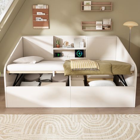Cama individual de madera blanca 90x190 cm con almacenaje hidráulico, estantes, USB/Type-C y somier de láminas