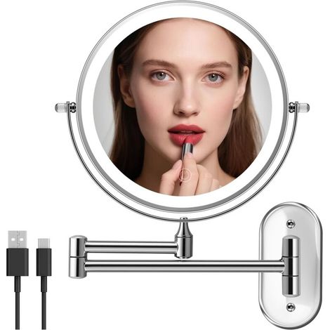 Miroir de maquillage mural, 20 cm, grossissement x3, avec éclairage tricolore – idéal pour la salle de bain, la chambre, etc. – argent (1/4)