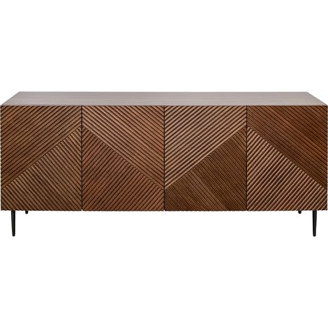 Design-Sideboard aus dunkler, massiver Eiche mit Gravur und schwarzem Metall, 4 Türen, B180 cm ARCHIPEL
