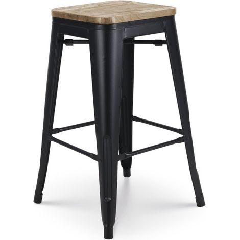 Barhocker aus mattschwarzem Metall im Industriestil und Sitz aus hellem Holz - Höhe 66 cm