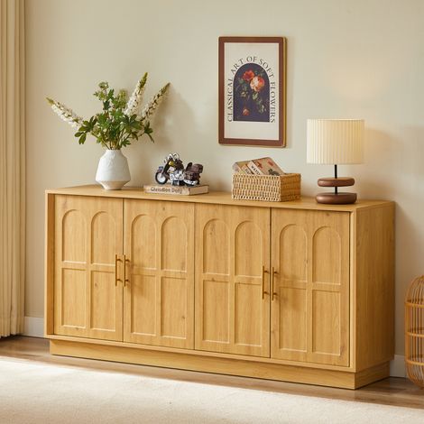 Credenza 169x40x80 cm naturale in MDF con ante curve, ripiani regolabili e sistema antiribaltamento (1/5)