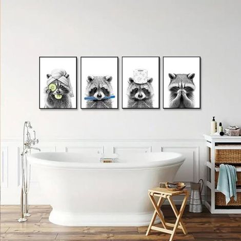 Poster Salle De Bain - 20 x 30 cm - Imperméable - Raton Laveur - 4 Pièces (1/5)